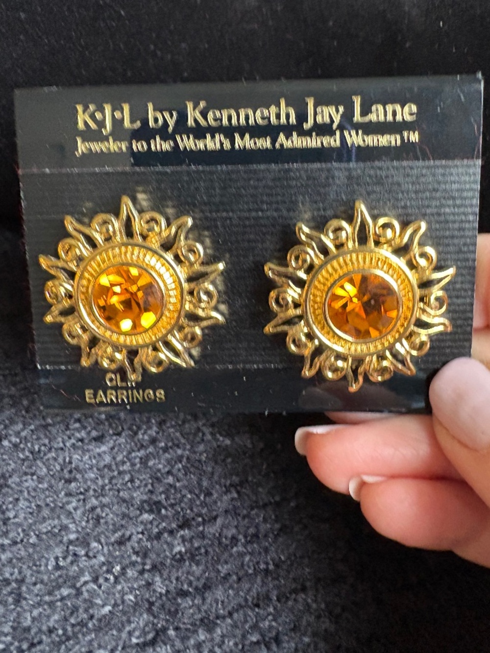 NIB Kenneth Jay Lane "Etruscan Sunburst" Amber Resin Clip Earrings